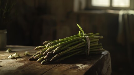 Poster - Freshly harvested asparagus with yellow flowers on rustic wooden table in a cozy kitchen