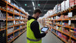 © Maksym - In a spacious grocery warehouse aisle, a loader with a tablet and reflective vest stands near shelves, conducting a thorough inventory check with text space around.