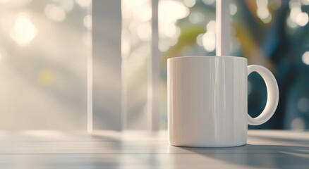 Poster - Morning coffee mug on a table with soft sunlight and greenery in the background