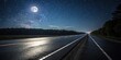 © Kingphet - A dark asphalt highway with reflective road markings at night, set against a moonlit sky with stars in the background, vehicle, nighttime, asphalt, car, lane