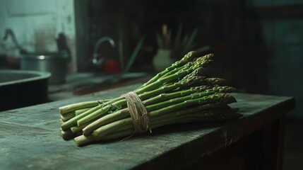 Poster - Freshly harvested asparagus with yellow flowers on rustic wooden table in a cozy kitchen