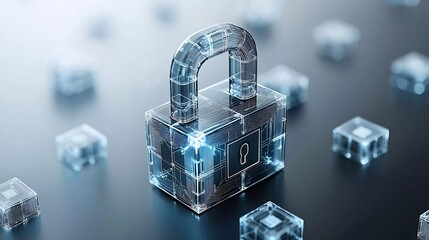 Fototapete - Holographic lock symbol with qubits floating around illustrating the concept of secure quantum data encryption  This high tech