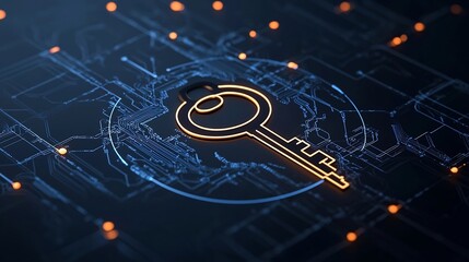 Fototapete - Glowing Key Symbol Within a Quantum Network Showcasing the Concept of Quantum Secure Communication for Secure Data Transmission and Encryption in the Digital Age