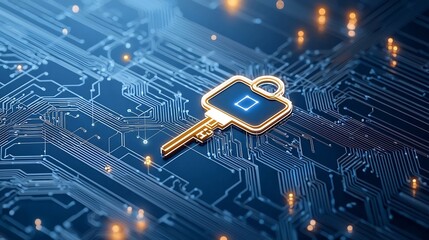 Fototapete - Glowing key symbol within a quantum network representing the concept of quantum secure communication and the advancement of digital data security technologies