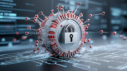 Leinwandbilder - Quantum particles enveloping a digital lock illustrating the concept of advanced data security and encryption in emerging quantum network technologies