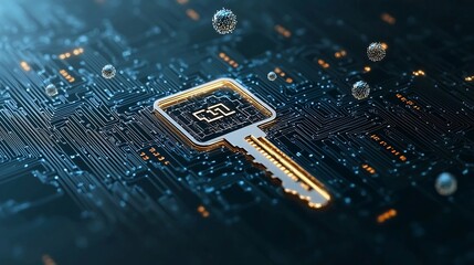Leinwandbilder - Quantum Key Icon With Data Streams and Floating Particles Emphasizing Secure Encryption Technology