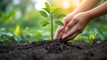 Leinwandbilder - Close up view of human hands gently planting a small tree sapling in rich fertile soil