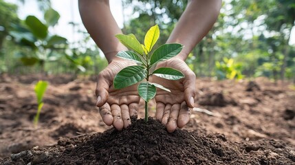 Leinwandbilder - Hands gently holding a small seedling tree ready to be planted in a recovering forest area symbolizing reforestation efforts to restore and revitalize the natural ecosystem