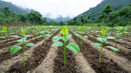 Leinwandbilder - Rows of young trees growing in a reforestation project symbolizing the renewal and of a previously destroyed forest land  The image represents the concept of environmental conservation sustainability