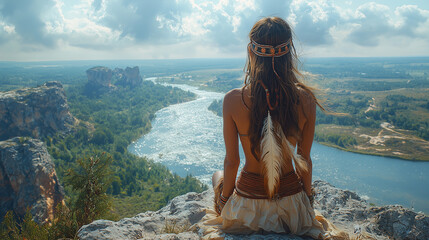 Wall Mural - Beautiful girl with long hair, dressed in Indian clothes, sits on the edge of a canyon and admires the view of the mountains