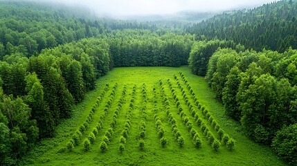 Leinwandbilder - Aerial view of a reforested area with rows of newly planted trees symbolizing hope for forest recovery and environmental sustainability  The image depicts a landscape undergoing a transformation