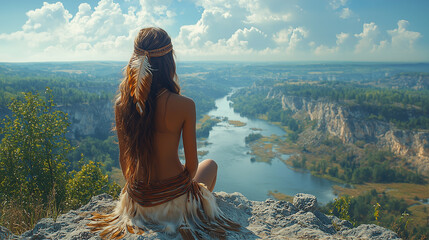 Wall Mural - Beautiful girl with long hair, dressed in Indian clothes, sits on the edge of a canyon and admires the view of the mountains