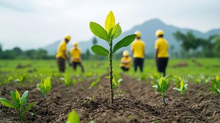 Leinwandbilder - Dedicated forest team planting new trees in a field formerly affected by deforestation working to bring life and greenery back to the area and support a healthier more sustainable environment