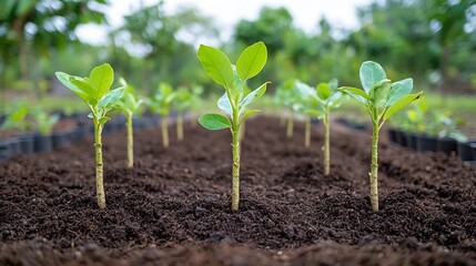 Poster - Closeup of soil and freshly planted tree saplings in a reforestation project highlighting the process of environmental and ecological renewal