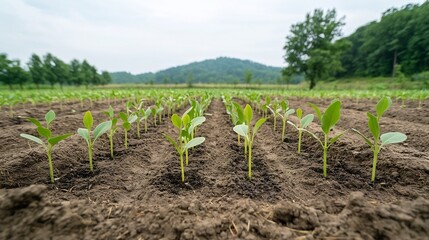 Leinwandbilder - Rows of young seedlings and saplings planted in an open field signifying the beginning of a new forest and environmental conservation project aimed at rebuilding a healthy sustainable ecosystem