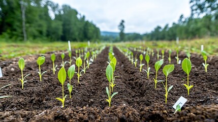 Leinwandbilder - Small seedlings planted in ordered rows in an open field marking the beginning of a new forest project aimed at sustainability and environmental conservation