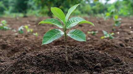 Leinwandbilder - Closeup of a Vibrant Young Tree Seedling Growing in Fertile Soil During a Reforestation Project Highlighting Environmental Stewardship and Sustainable Solutions