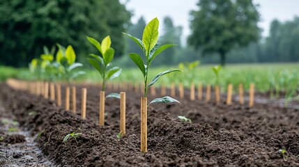 Leinwandbilder - Newly planted trees in a formerly deforested area showcasing the dedication and commitment to restoring natural habitats and promoting sustainability through reforestation efforts