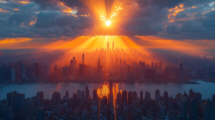 Wall Mural - Aerial view of the New York City. Skyline with sunlight.