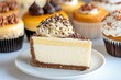 © ArtCookStudio - Delicious cheesecake slice on a plate with assorted cupcakes in the background