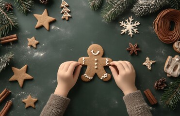 Canvas Print - Gingerbread man surrounded by festive holiday decorations and baking ingredients on a green surface