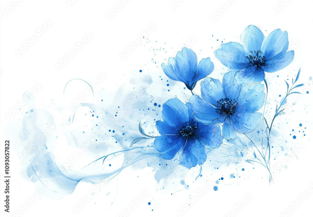 Watercolor blue wild flowers with a white background, paint splashes ...
