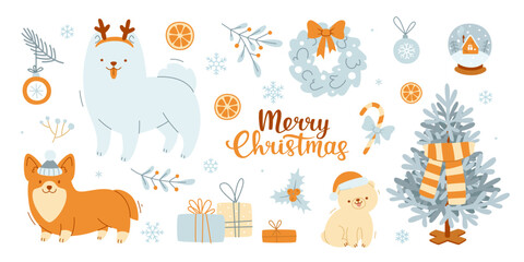 Wall Mural - cartoon christmas set with cute dogs. vector xmas collection. cozy christmas bundle with pets.