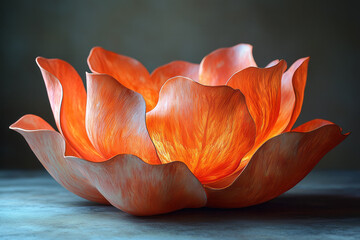 Aufkleber - A radiant orange petal sculpture glowing softly, placed against a muted pastel background for contrast,