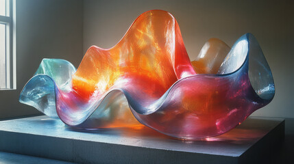 Aufkleber - A futuristic sculpture of multicolored glass waves, gently curving and glowing with soft highlights,