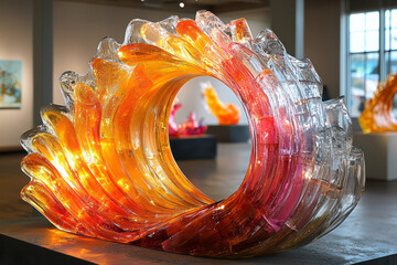 Aufkleber - A radiant wave-shaped glass sculpture in dynamic colors, emphasizing light refraction and vibrant energy,