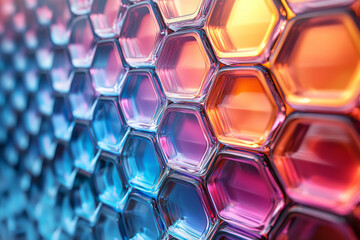 Fototapete - A dynamic composition of abstract hexagonal glass tiles, featuring a smooth gradient from blue to red,