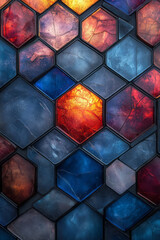 Fototapete - An artistic arrangement of hexagonal glass tiles with alternating blue and red gradient hues, creating a vibrant abstract pattern,