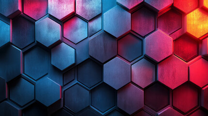 Fototapete - A futuristic mosaic of blue and red gradient hexagonal glass tiles, glowing softly in an abstract geometric layout,