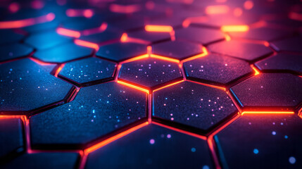 Leinwandbilder - A futuristic mosaic of blue and red gradient hexagonal glass tiles, glowing softly in an abstract geometric layout,