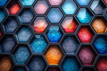 Fototapete - A geometric composition of hexagonal glass tiles arranged in a honeycomb pattern, with vivid blue and red gradients,