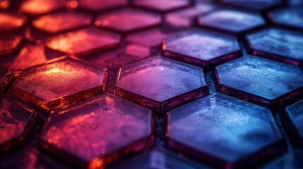 Aufkleber - A close-up view of layered hexagonal glass tiles in blue and red gradient colors, glowing softly with reflected light,