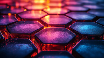Fototapete - A close-up view of layered hexagonal glass tiles in blue and red gradient colors, glowing softly with reflected light,