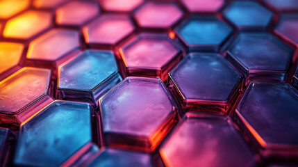 Aufkleber - A close-up view of layered hexagonal glass tiles in blue and red gradient colors, glowing softly with reflected light,