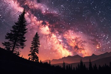 Wall Mural - a stunning galaxy landscape with shades of pink and orange against a black background, galaxy, deep 