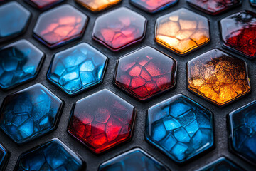 Fototapete - A bold and modern arrangement of hexagonal tiles, made of transparent glass with striking blue and red gradients,