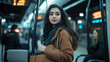 © Maksym - A young woman of Middle Eastern descent with a stylish handbag, getting onto a bus with a confident stride, the station active around her.