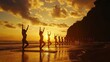 © Kunchan - Silhouetted Yoga Practitioners Facing the Ocean at Golden Hour Sunset  A peaceful group activity in a tranquil beach setting with warm dramatic lighting