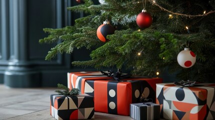 Wall Mural - Artistic Christmas wrapping with bold geometric patterns, placed neatly under a stylish tree