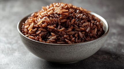 Poster - Bowl of cooked red rice on dark background.