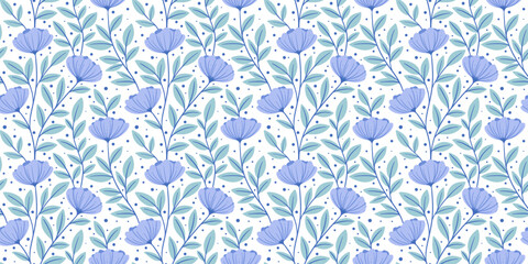Wall Mural - blue white flower print background, seamless repeating floral vector pattern, cute hand drawn spring
