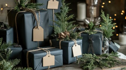 Wall Mural - Close-up of handmade Christmas gifts with unique tags and rustic wrapping, surrounded by festive greenery