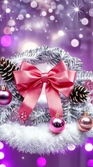 Wall Mural - sparkling festive wreath with pink bow baubles