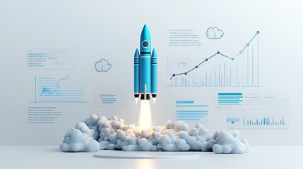 Leinwandbilder - Impressive 3D rendered image of a powerful blue glowing rocket taking off against a clean white backdrop with a vibrant cloud formation and an upward trending graph symbolizing progress innovation