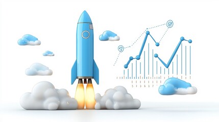 Leinwandbilder - Blue rocket taking off with glowing blue and white clouds accompanied by a rising graph symbolizing growth success and progress on a clean white background  Conceptual image representing innovation