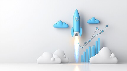 Leinwandbilder - Powerful blue rocket launching skyward accompanied by a rising financial growth graph on a clean white background symbolizing success innovation and technological advancement